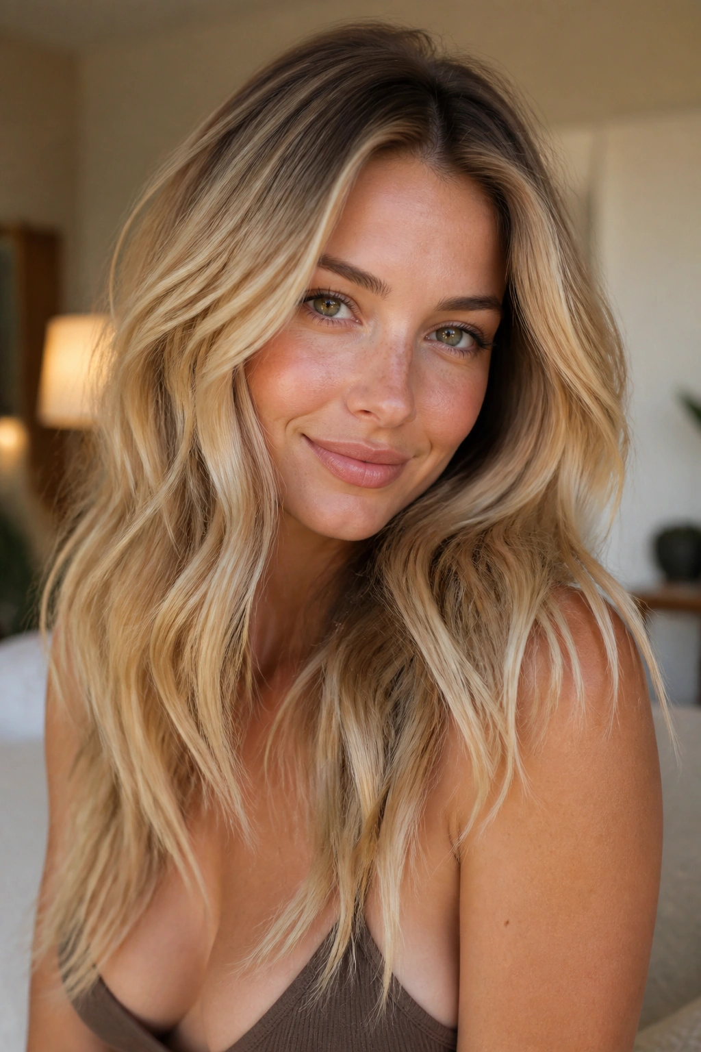 Close-up portrait of a real woman with sandy blonde hair and a shadow root in warm window light