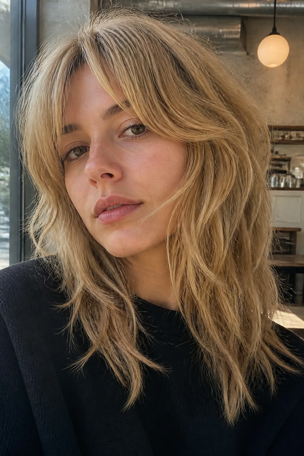 Portrait of a real woman with a bright sandy blonde shag showing textured layers.
