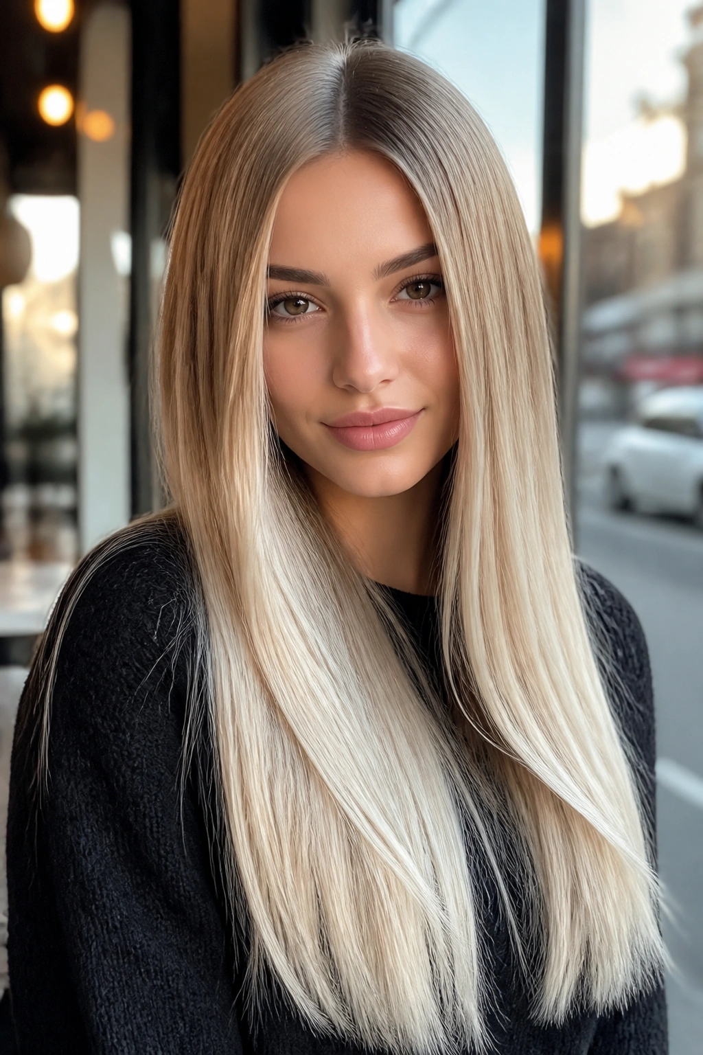 Close-up of a real woman with sandy blonde to vanilla melt, center part