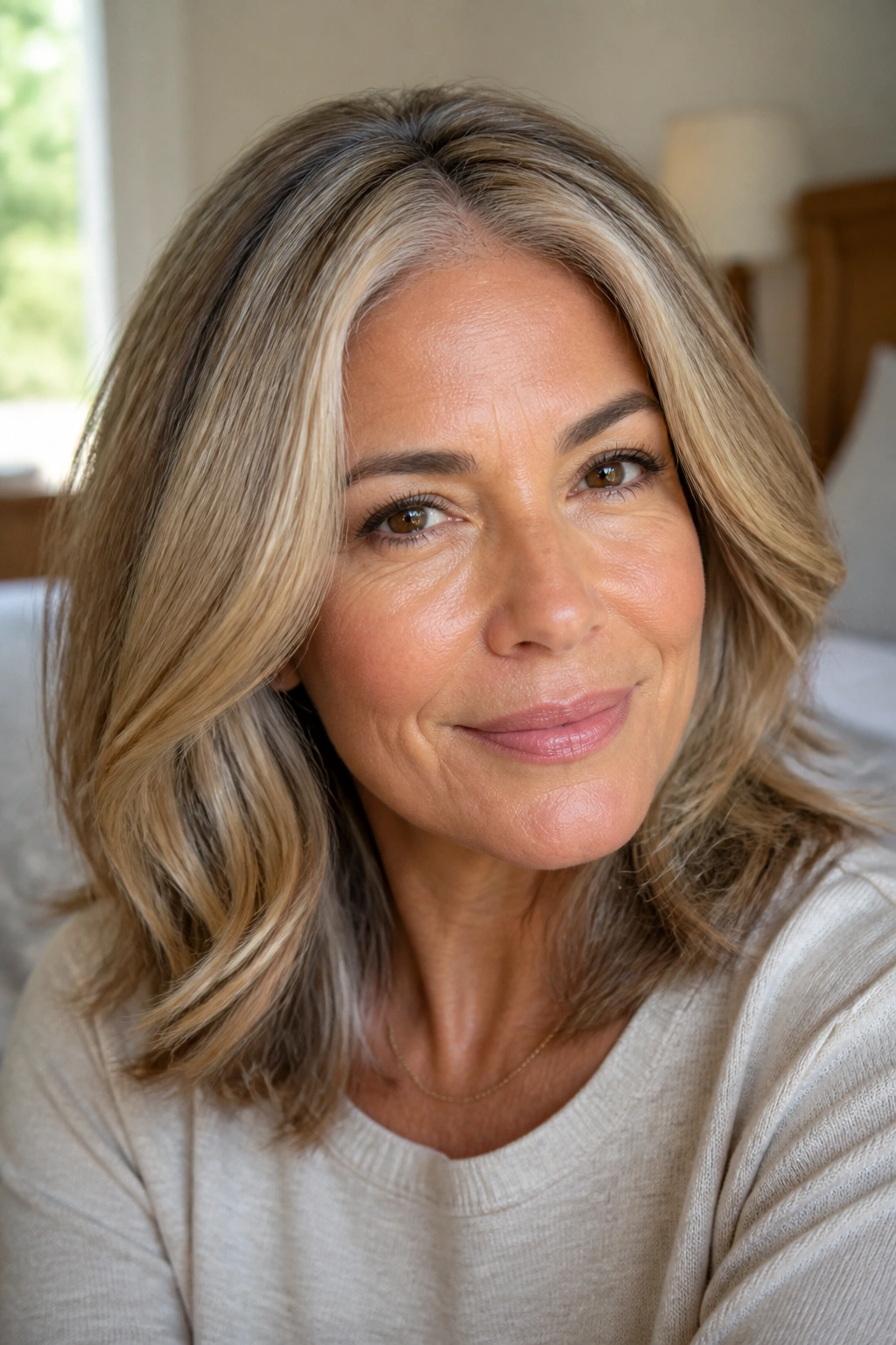 Close-up of a real woman with sandy blonde highlights on warm skin under natural window light