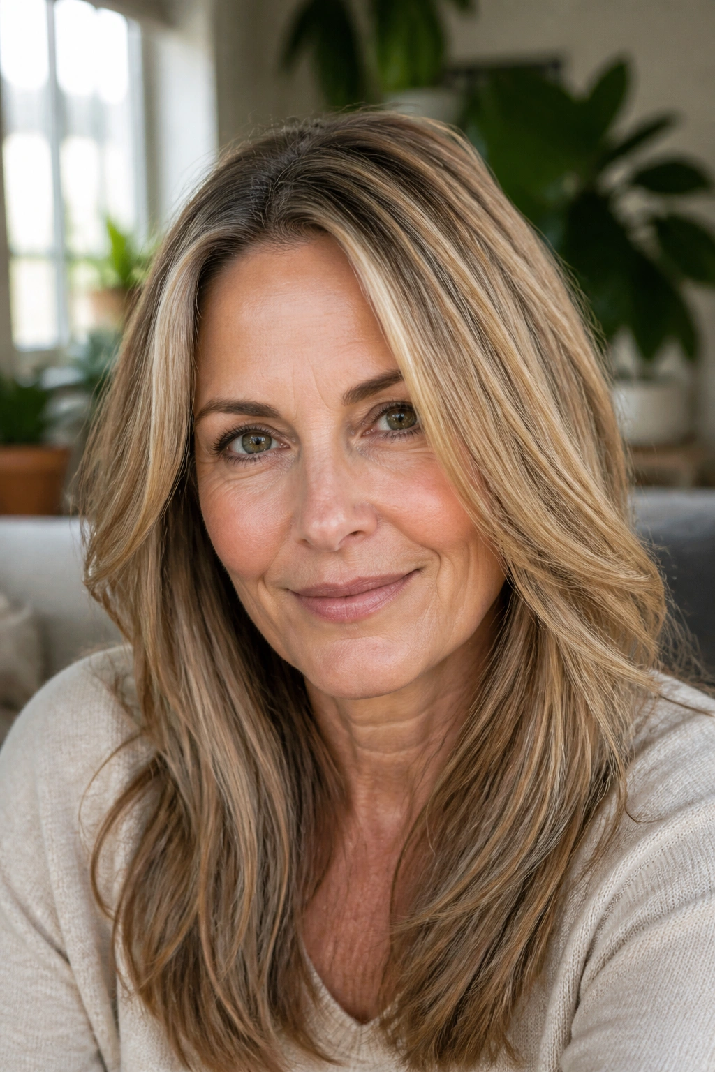 Close-up of a woman with sandy bronde hair showing dark roots and light ribbons in warm living room light