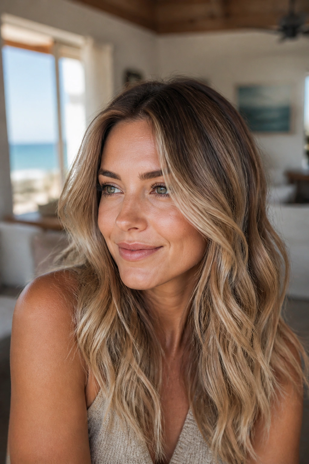 Close-up of a real woman with sandy bronde hair and beige midlights