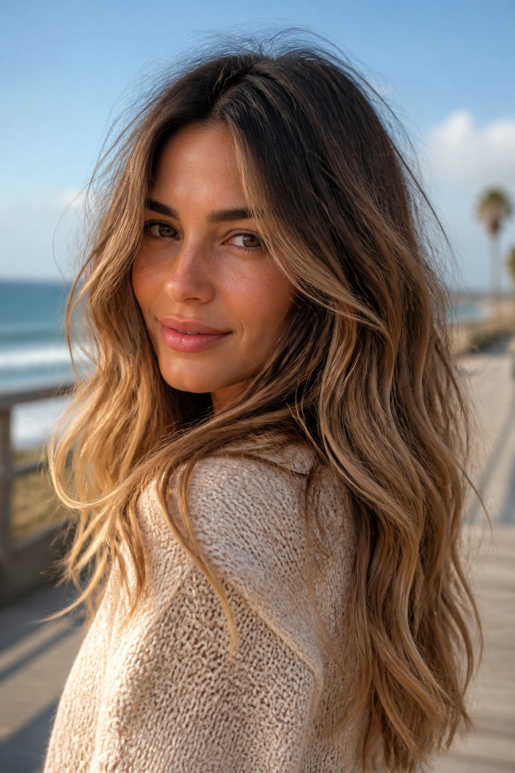 Close-up of real woman with sandy brown balayage