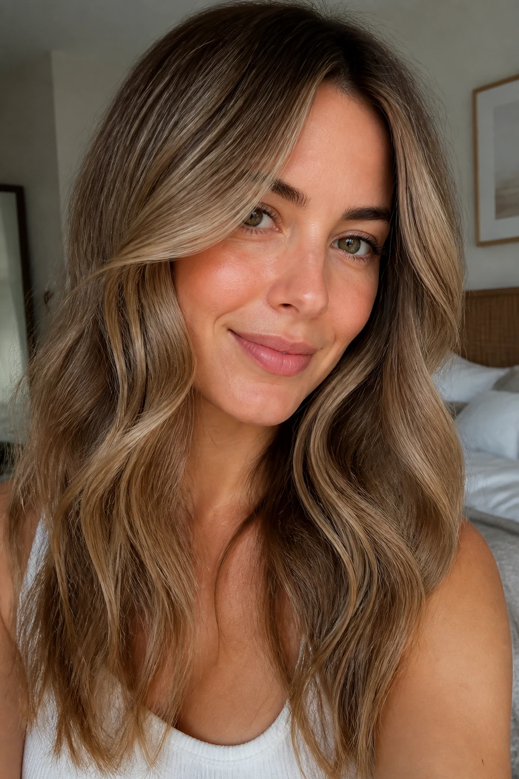 Close-up of a real woman with sandy brown hair and beige streaks in soft window light