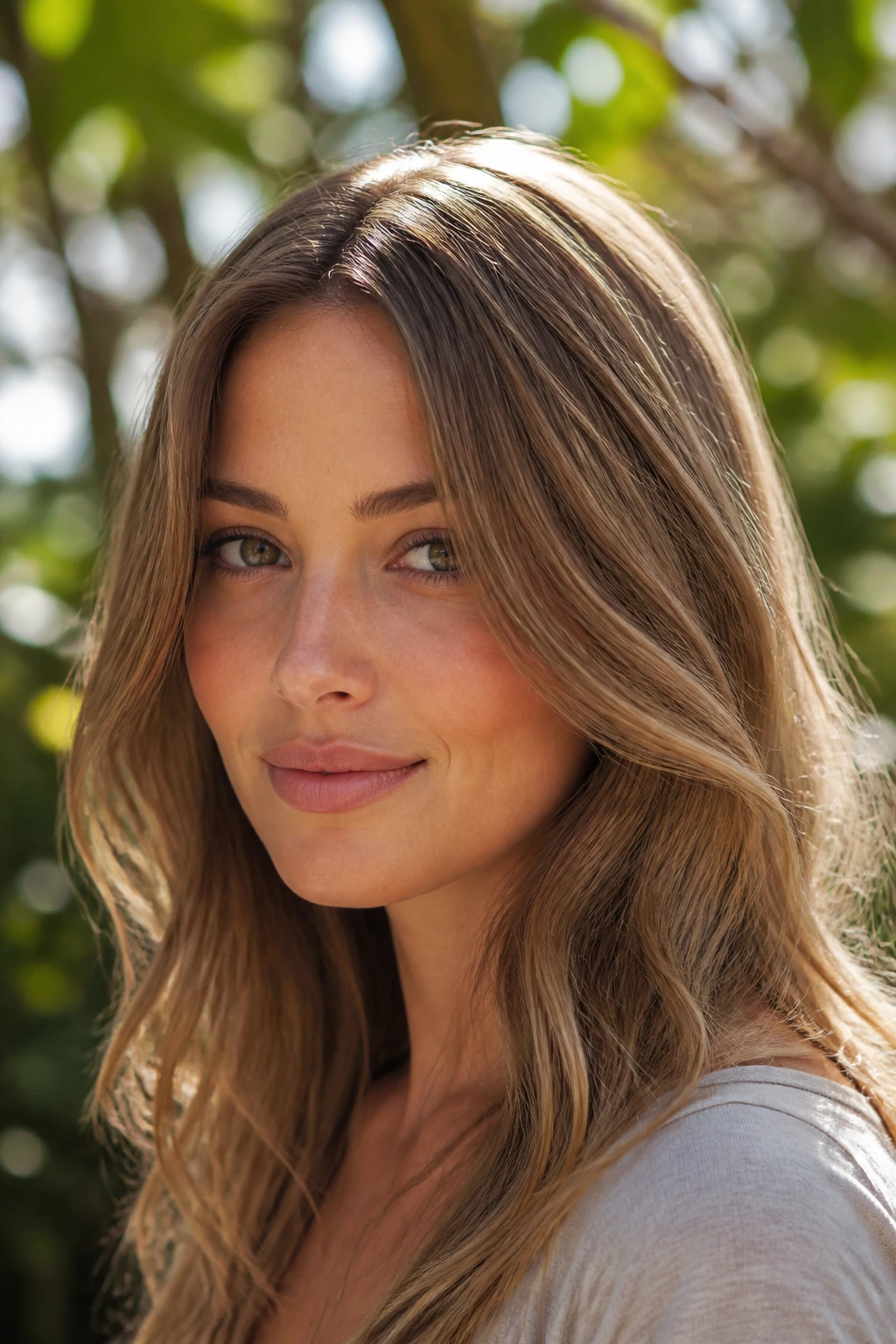 Close-up of a real woman with sandy brunette base and subtle low-contrast highlights outdoors