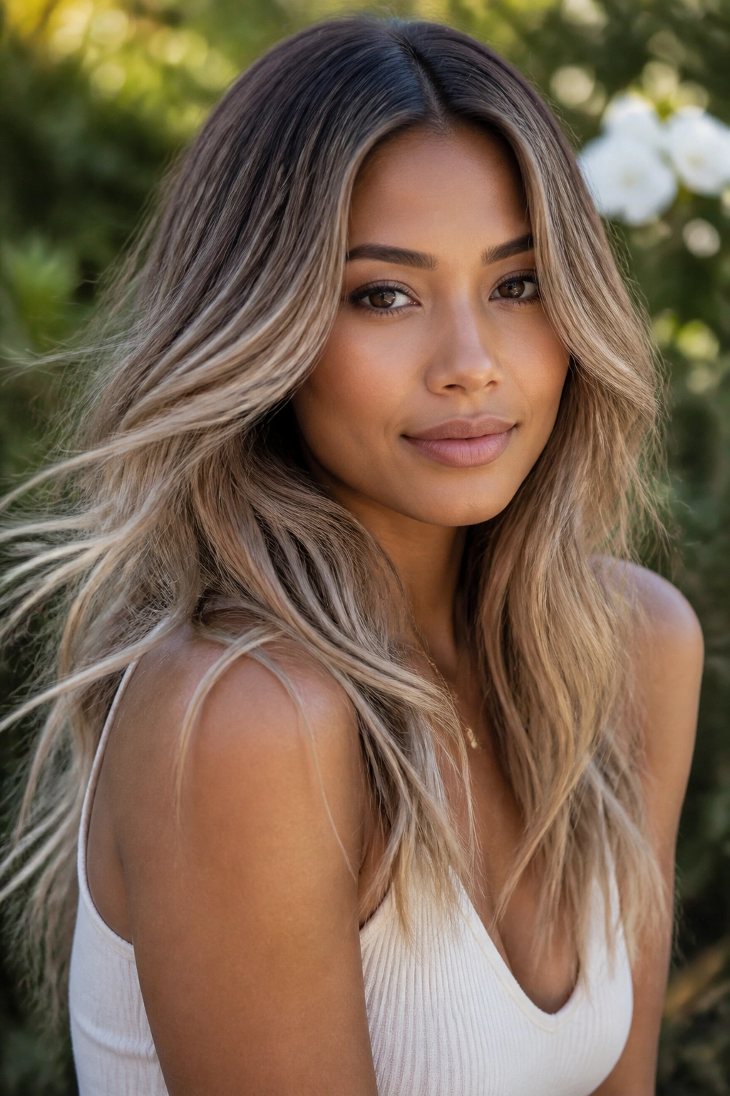 Close-up portrait of a real woman with sandy mushroom balayage on tan skin