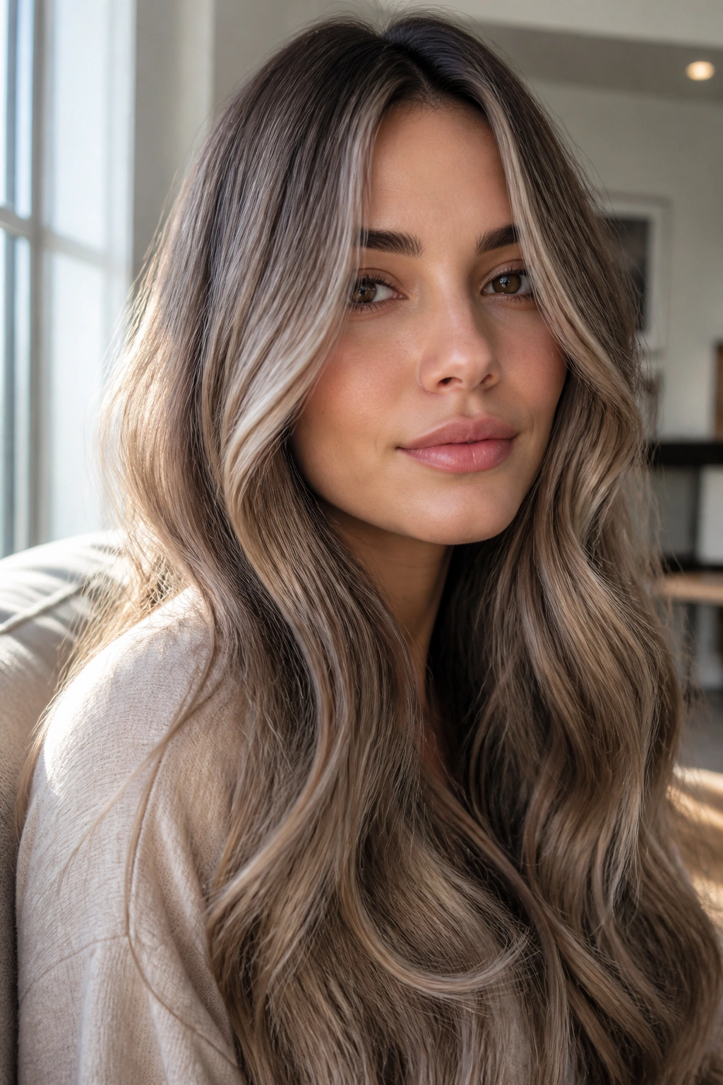 Close-up of a real woman with sandy mushroom bronde hair