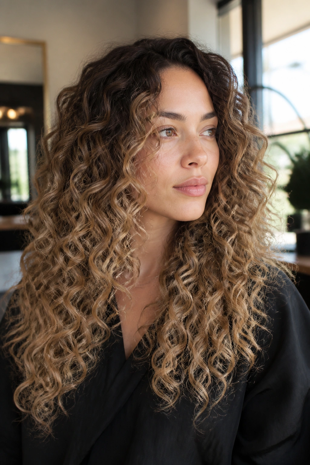Close-up of real woman with sandy ombre on long curly hair