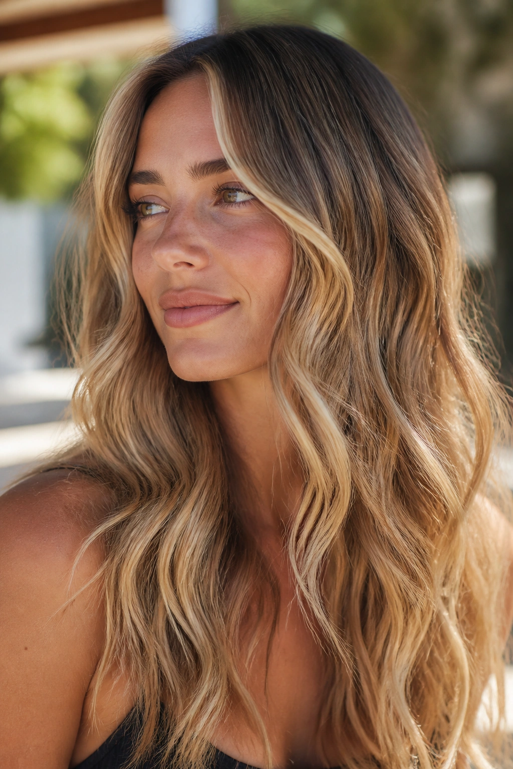 Wavy hair with sandy beige-gold balayage catching sun outdoors