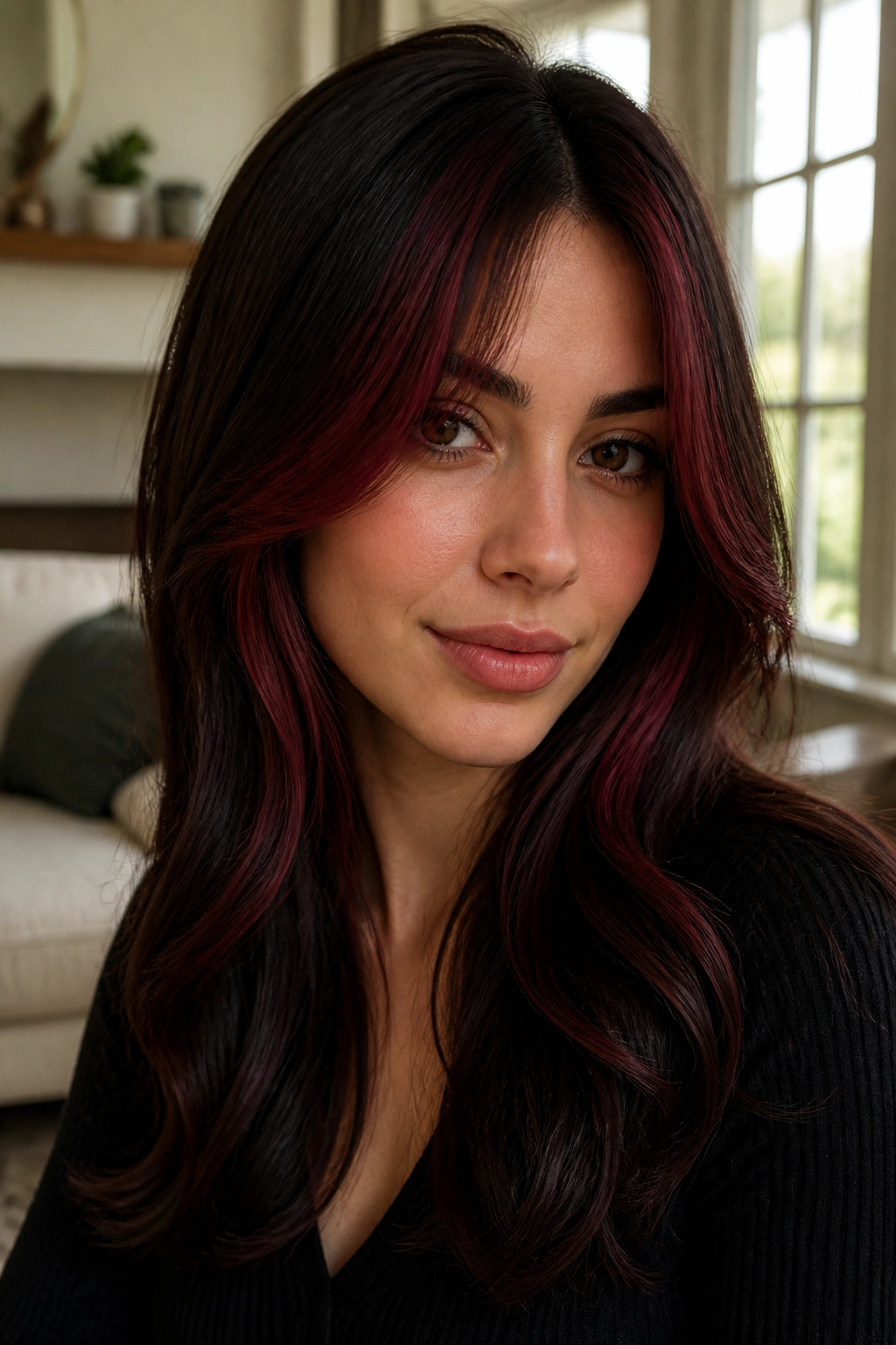 Close-up of a real woman with sangria face-frame color around the face