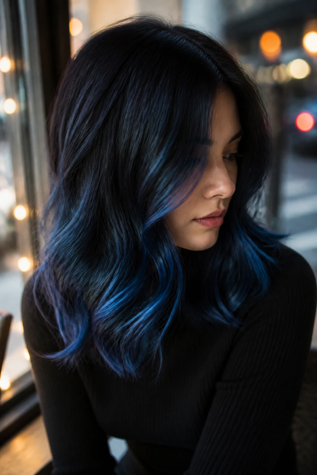 Close-up of a real woman with smoky sapphire ombre hair