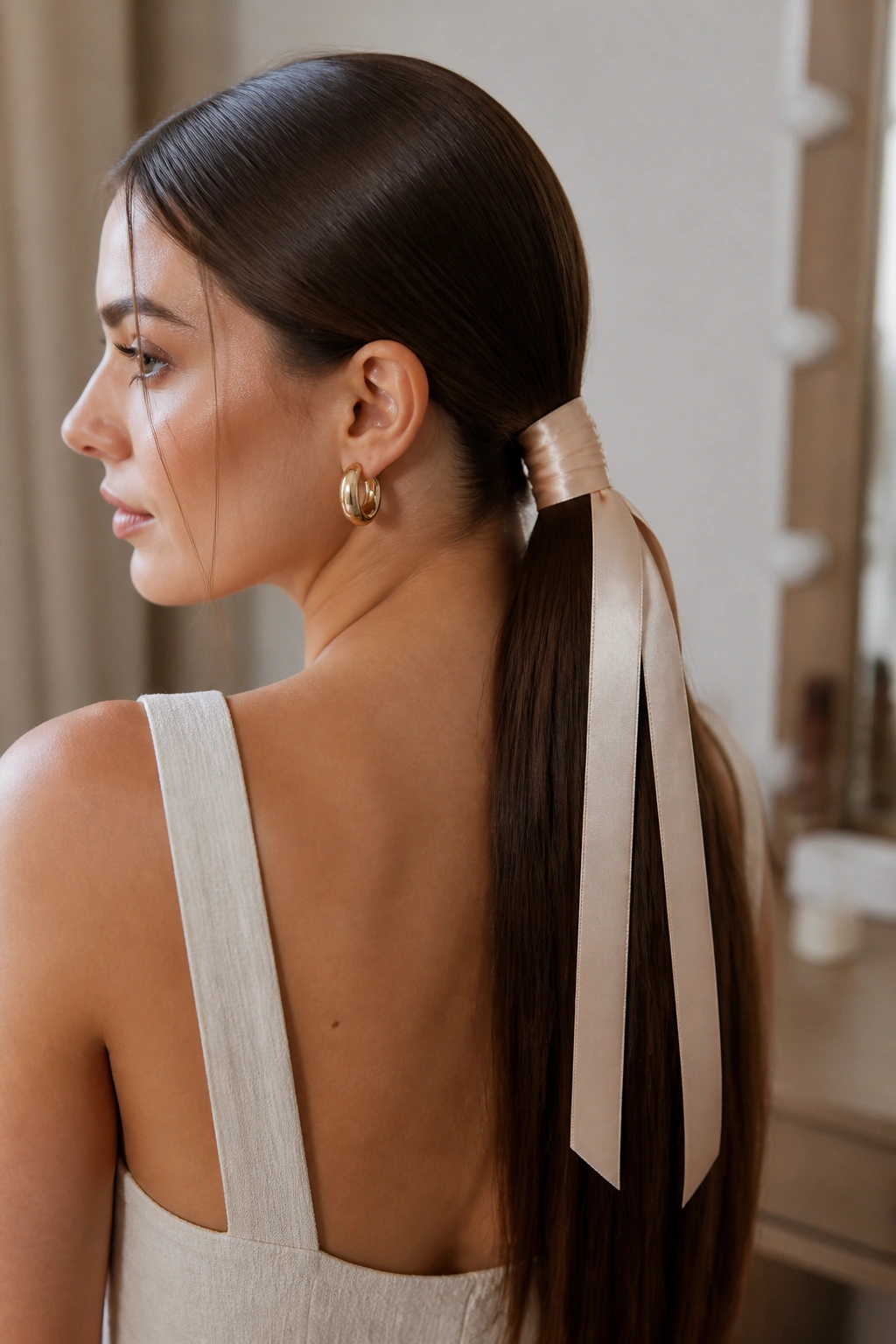 Close-up of a real woman with a satin-ribbon ponytail at the base