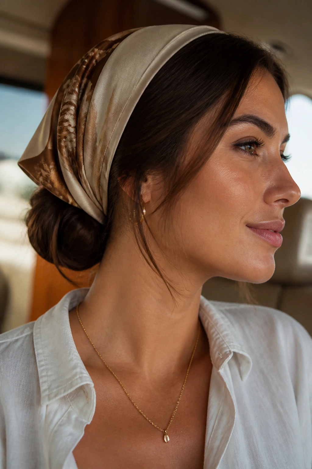 Close-up of a real woman wearing a satin-scarf low knot at the nape.