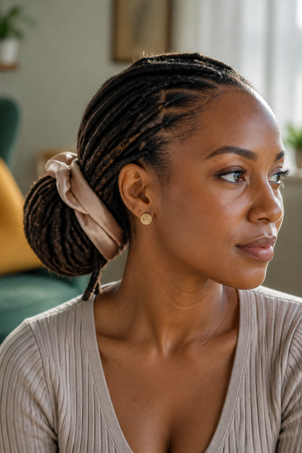 Close-up portrait of a real person with a satin scarf wrapped bun