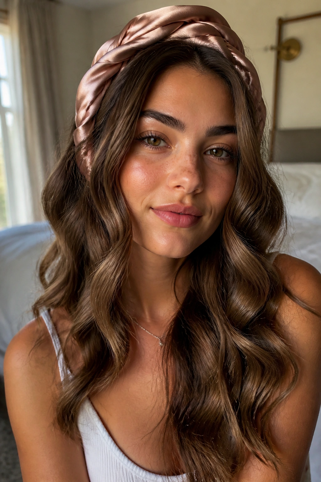 Close-up of a real woman with soft satin-scarf waves in long hair under warm bedroom light