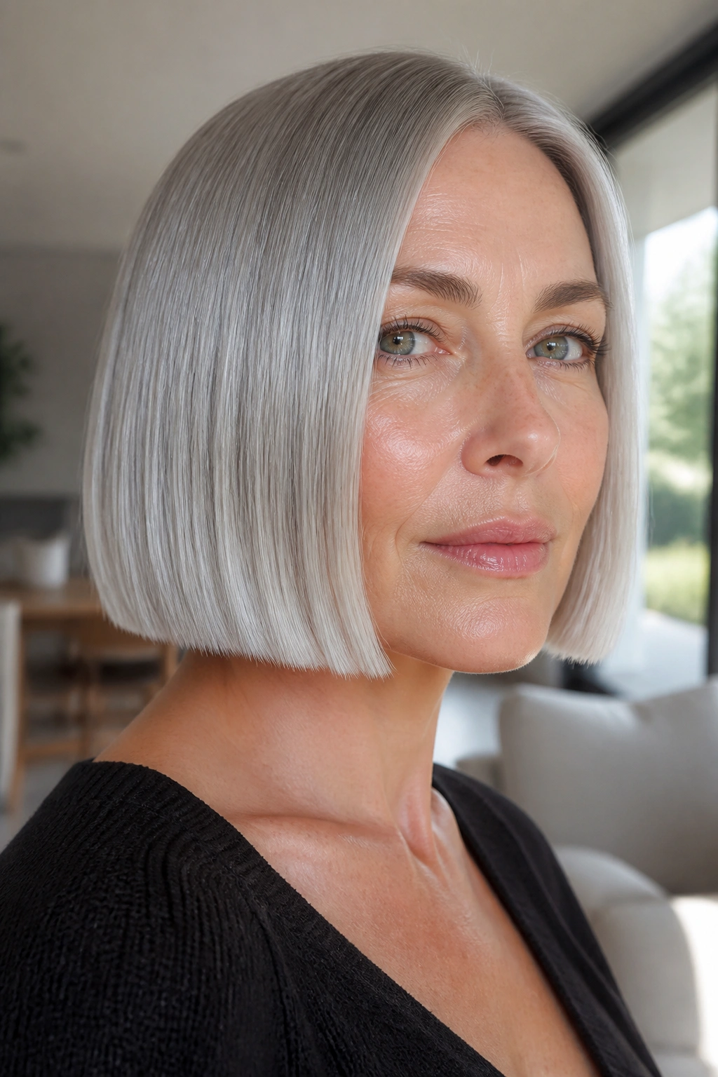 Real person with satin silver blunt bob and glassy ends.