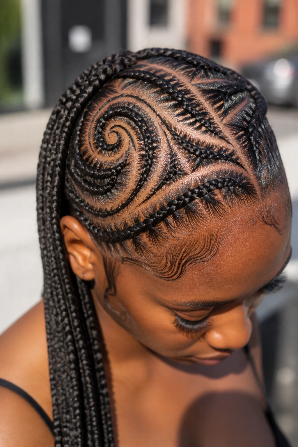 Real woman with scalp-design Ghana braids showing crisp patterns
