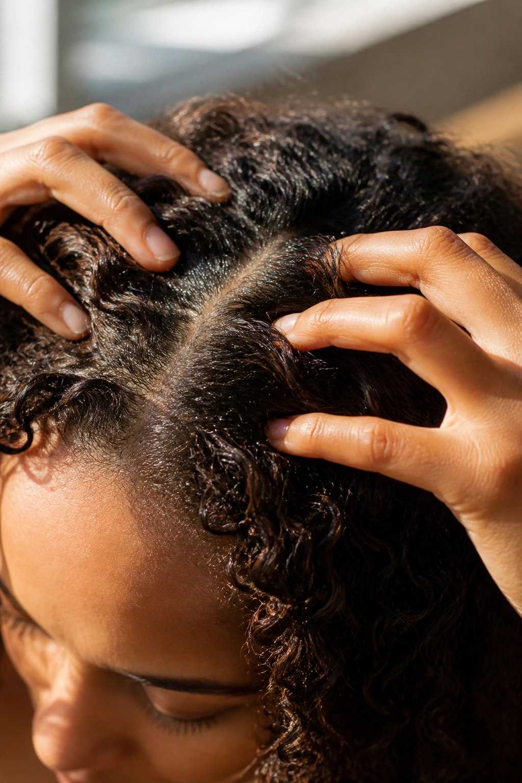 Scalp massage on a real person to emphasize scalp health.