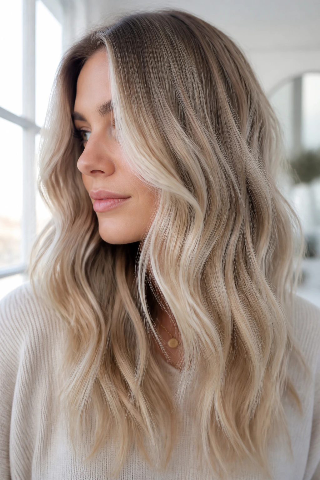 Close-up of a real person with pale beige balayage on wavy hair under bright natural light