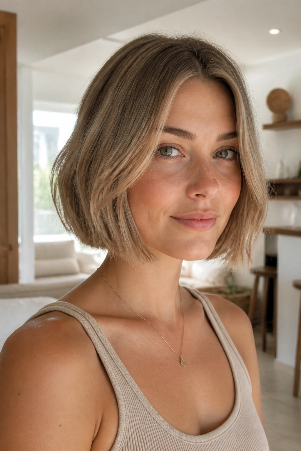 Close-up of a real woman with a Scandi bob in sunlit interior