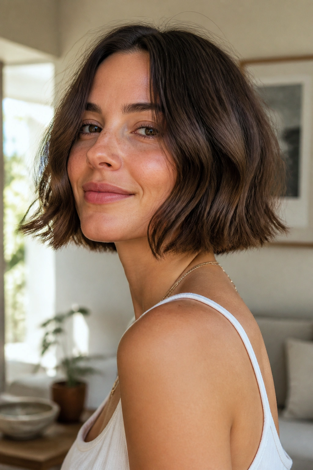 Portrait of a real person with a French bob featuring Scandi texture and a soft bend