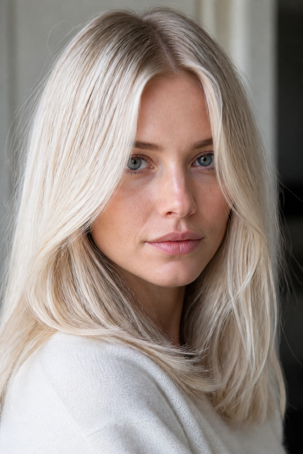 Portrait of a real person with pale ash-blonde Scandinavian blonde in bright natural light.