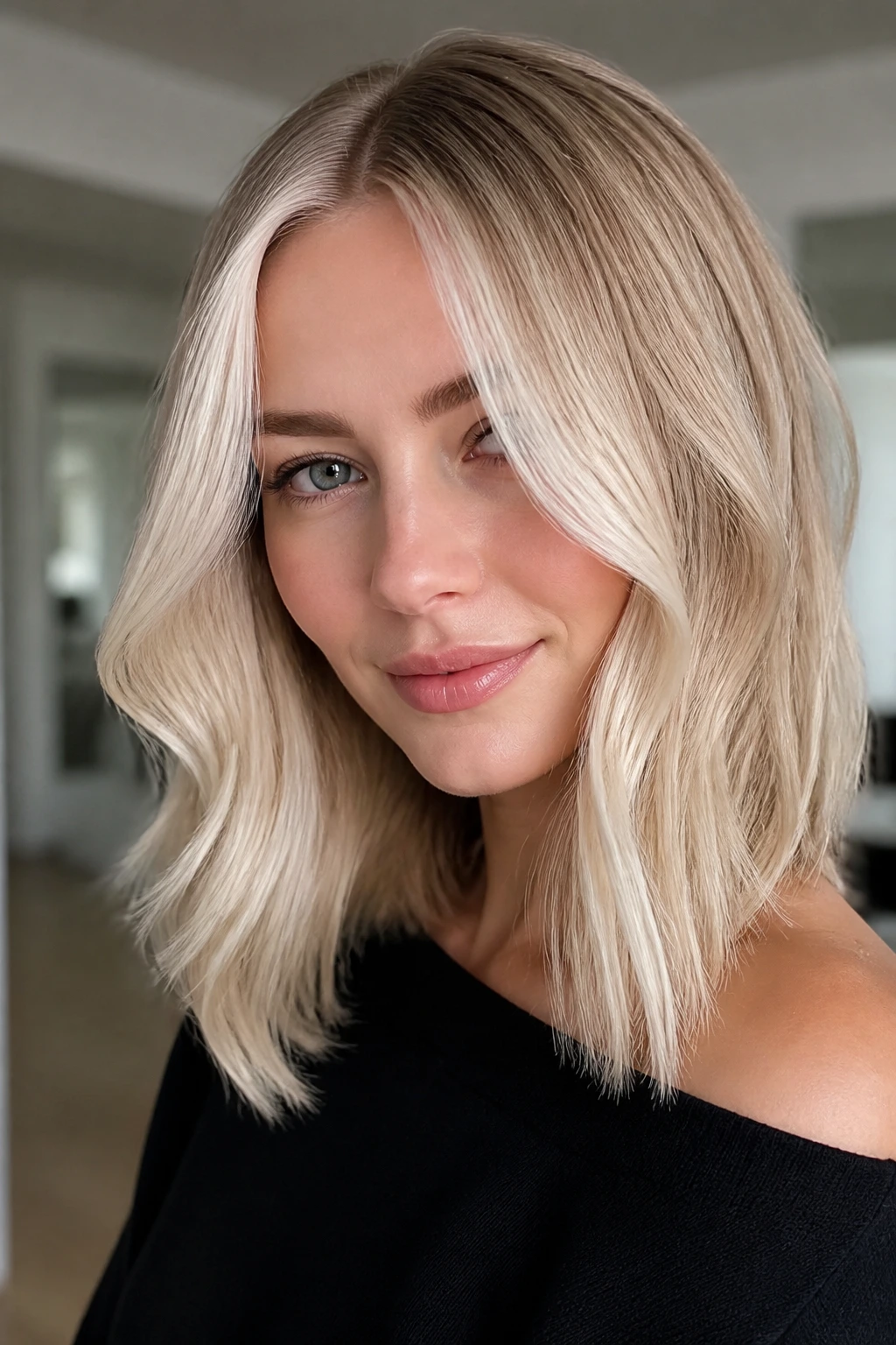 Close-up portrait of a real person with pale Scandinavian blonde hair and soft face lighting