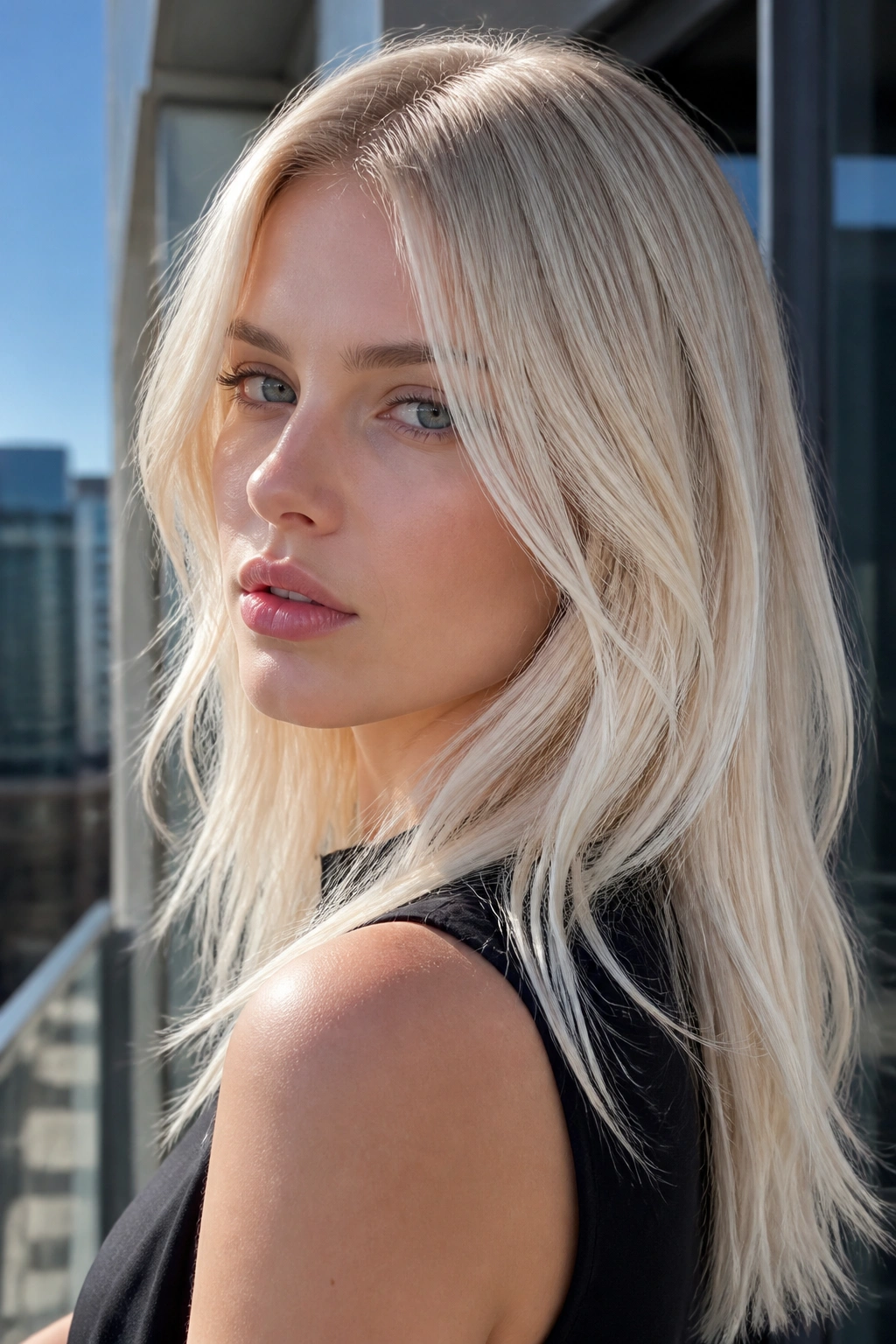 Close-up of a person with Scandinavian blonde, almost white ends and cool roots