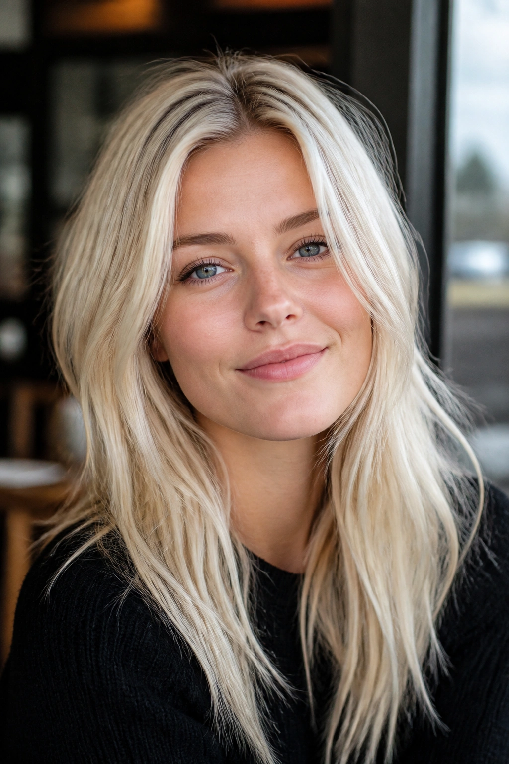 Close-up portrait of a real woman with bright pale Scandinavian blonde hair in natural cafe light
