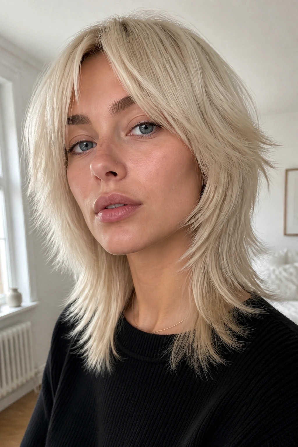 Close-up portrait of a real woman with Scandinavian blonde wolf cut and minimal tonal contrast in a bright room.