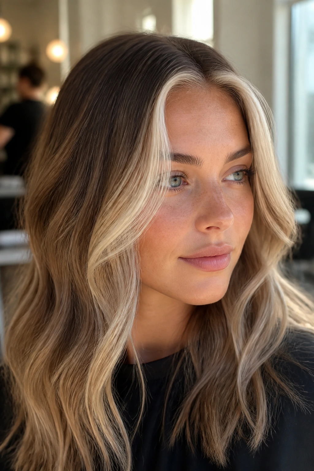 Close-up portrait of a real woman with Scandinavian hairline highlights along the front hairline.
