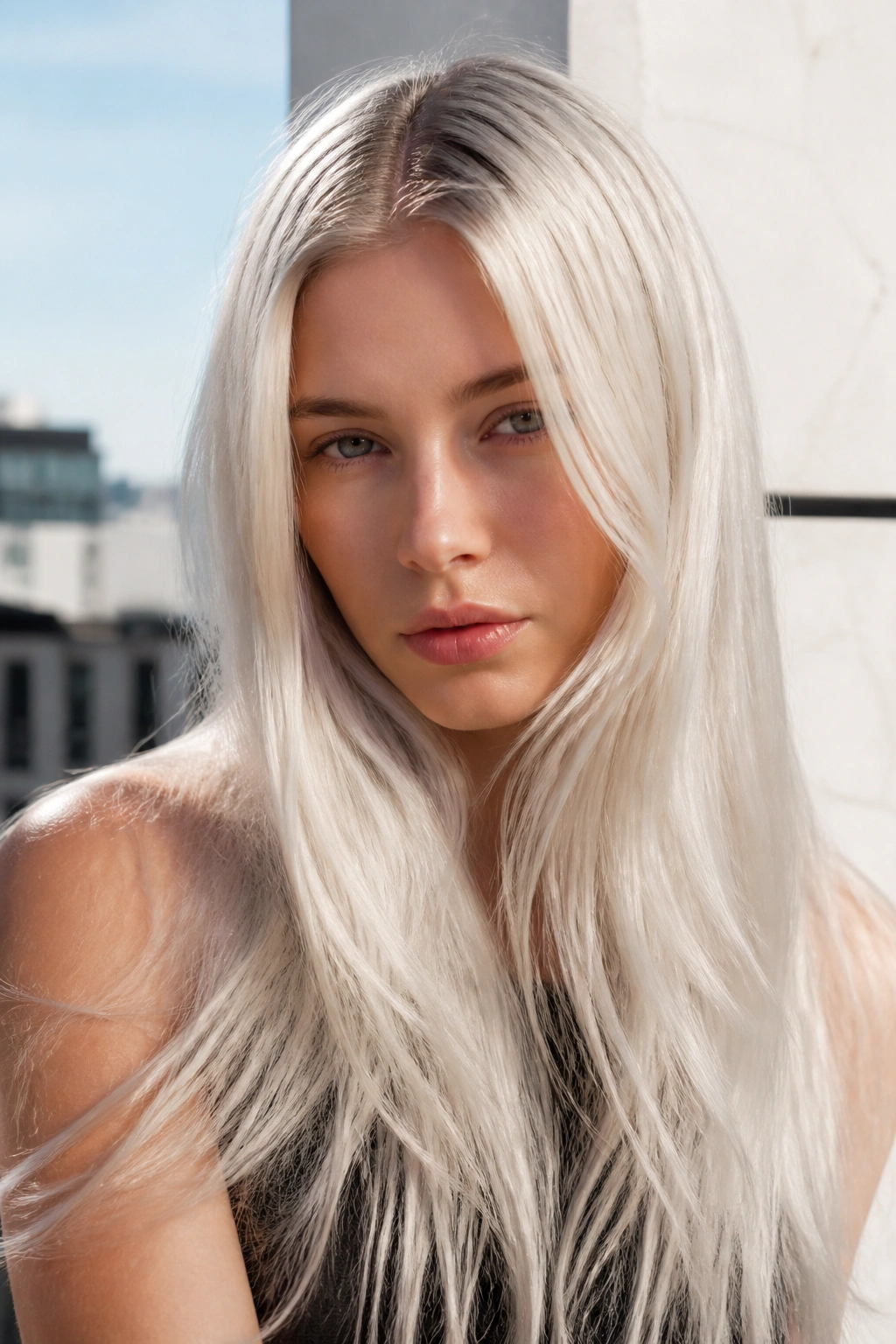 Close-up of a real woman with Scandinavian platinum hair and subtle root shadow