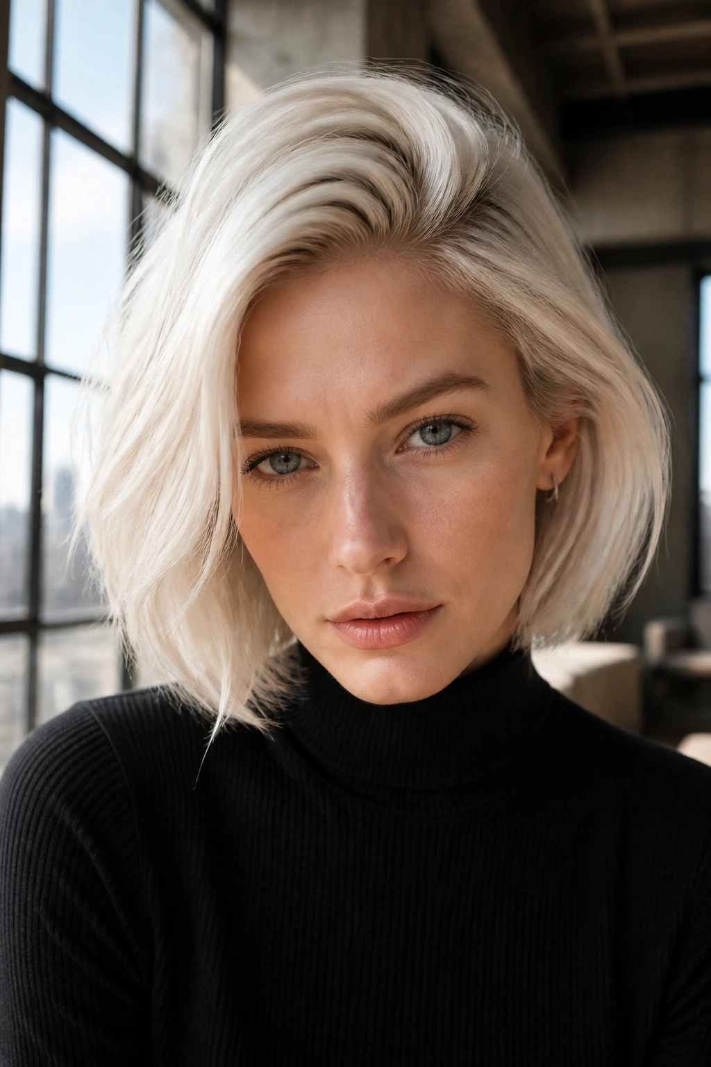 Portrait of a real woman with Scandinavian white blonde hair in bright daylight