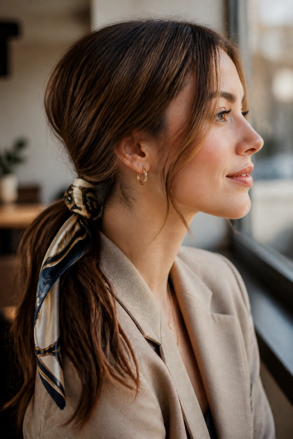 Close-up of a real woman with a low ponytail wrapped with a silk scarf around the base.