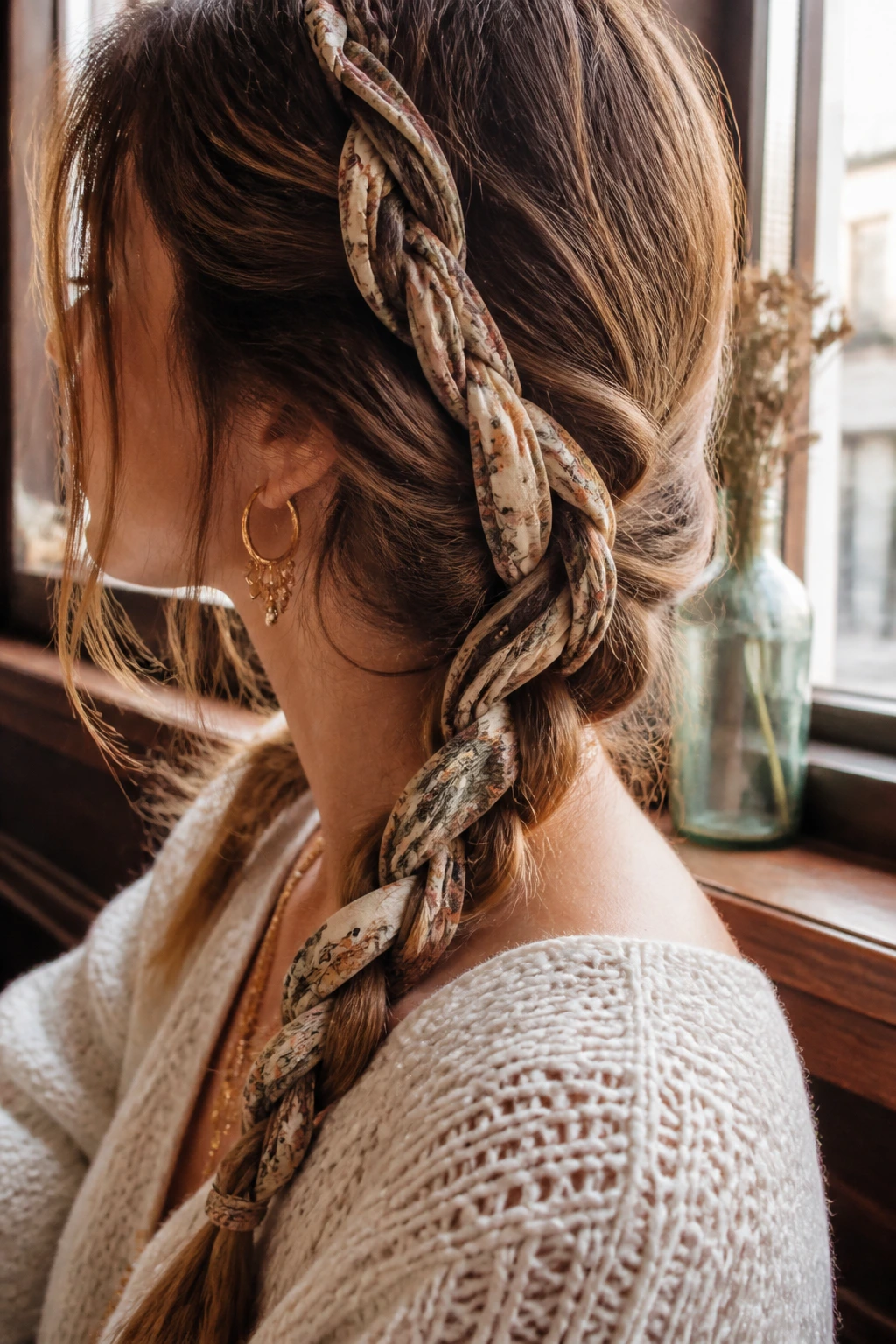 Plait woven with a folded printed scarf strip on a real person's hair
