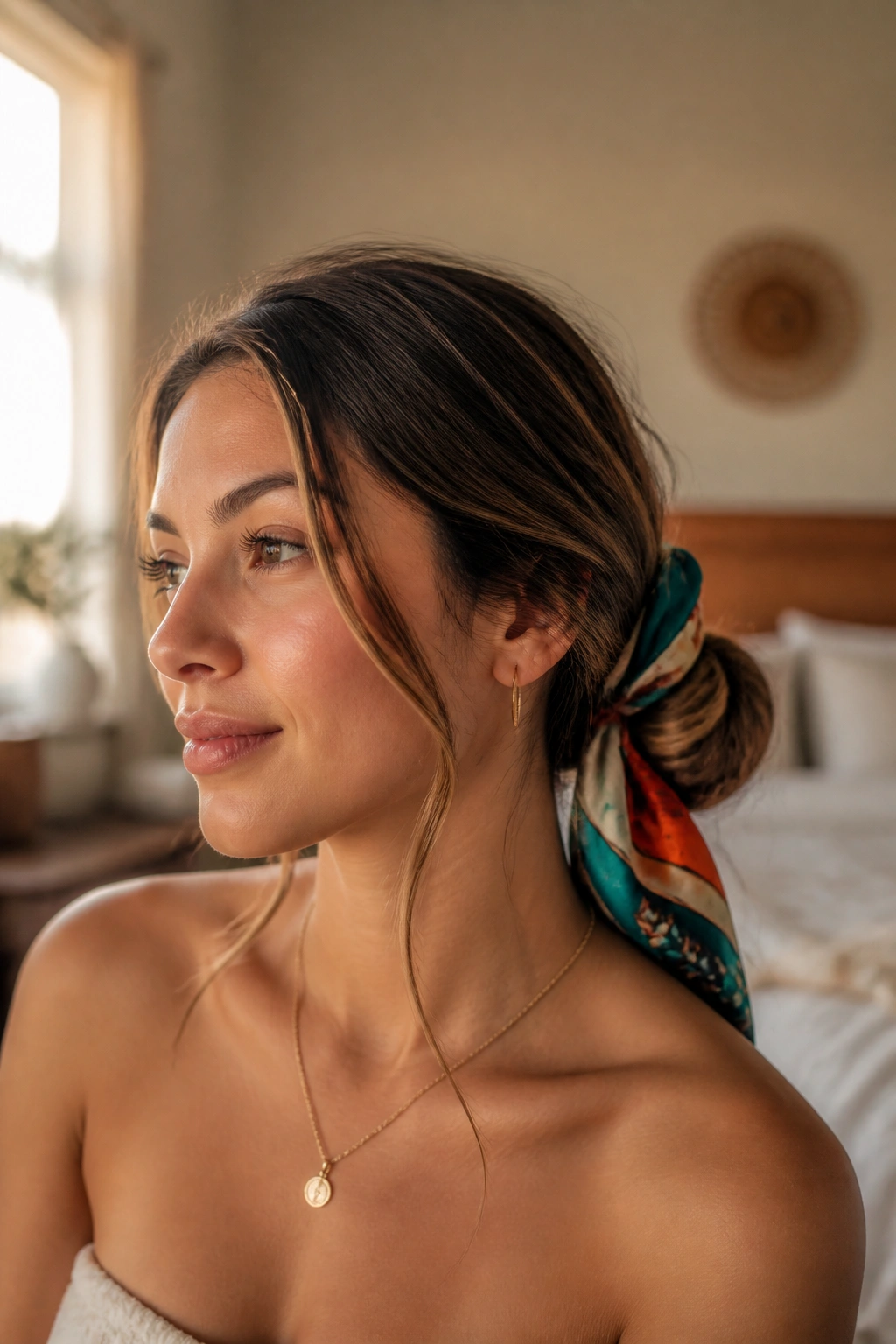 Close-up of a real woman with a scarf bun in warm bedroom light