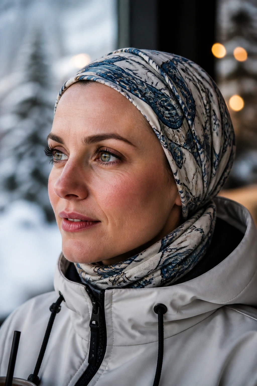 Close-up of a real woman with hair fully wrapped in a thin scarf for helmet wear.