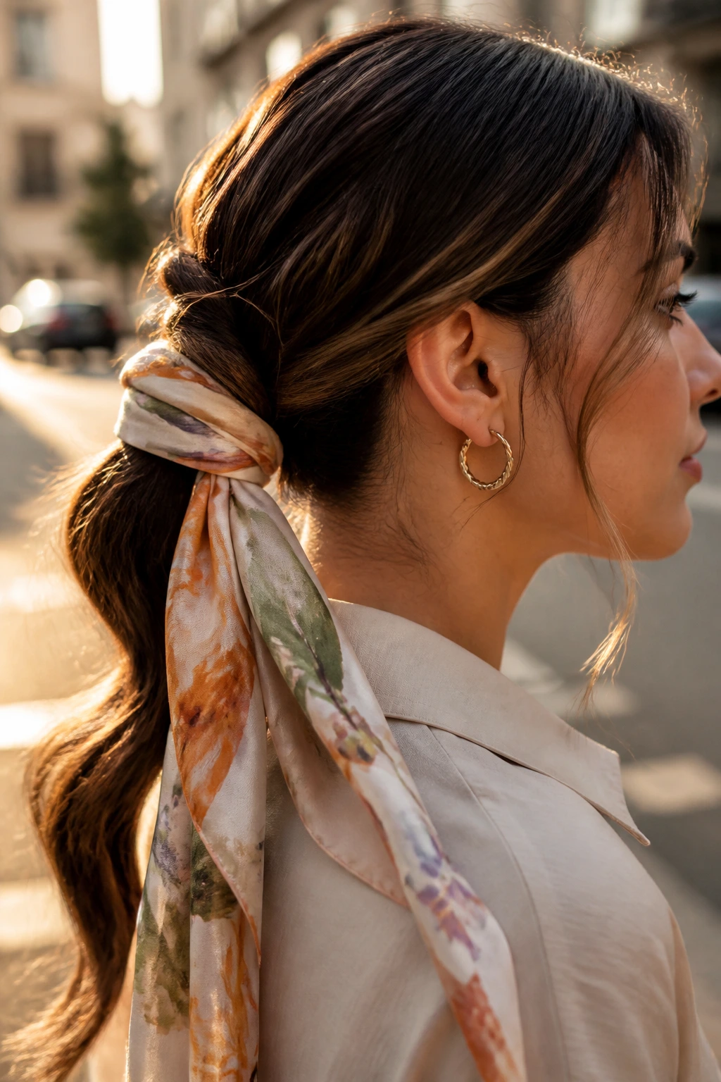 Close-up of a real woman with a scarf-wrapped knot ponytail against an urban golden-hour backdrop.