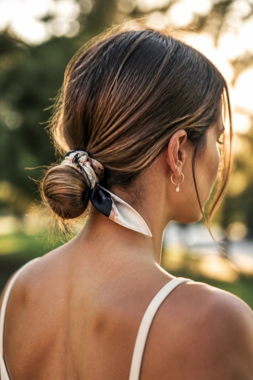 Close-up of a woman with a scarf-wrapped knot at the nape