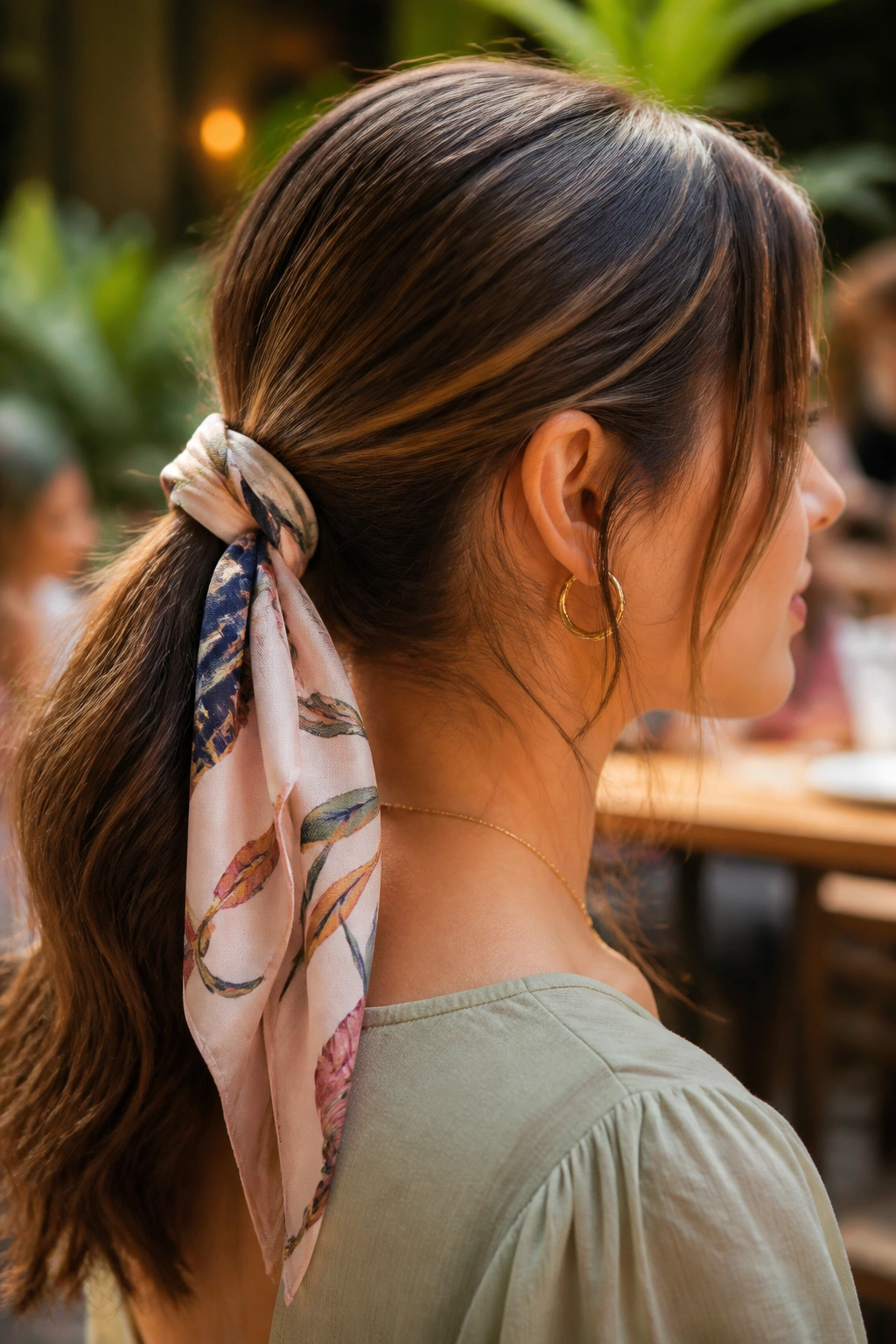 Close-up of a real woman with a scarf-wrapped ponytail