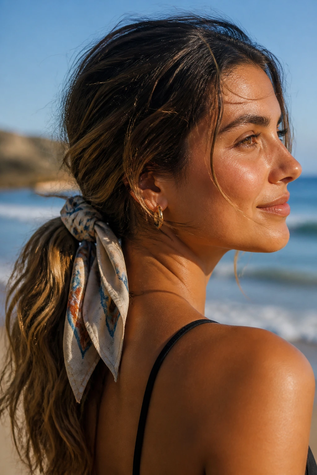 Close-up of a real woman with a scarf-wrapped ponytail at the beach