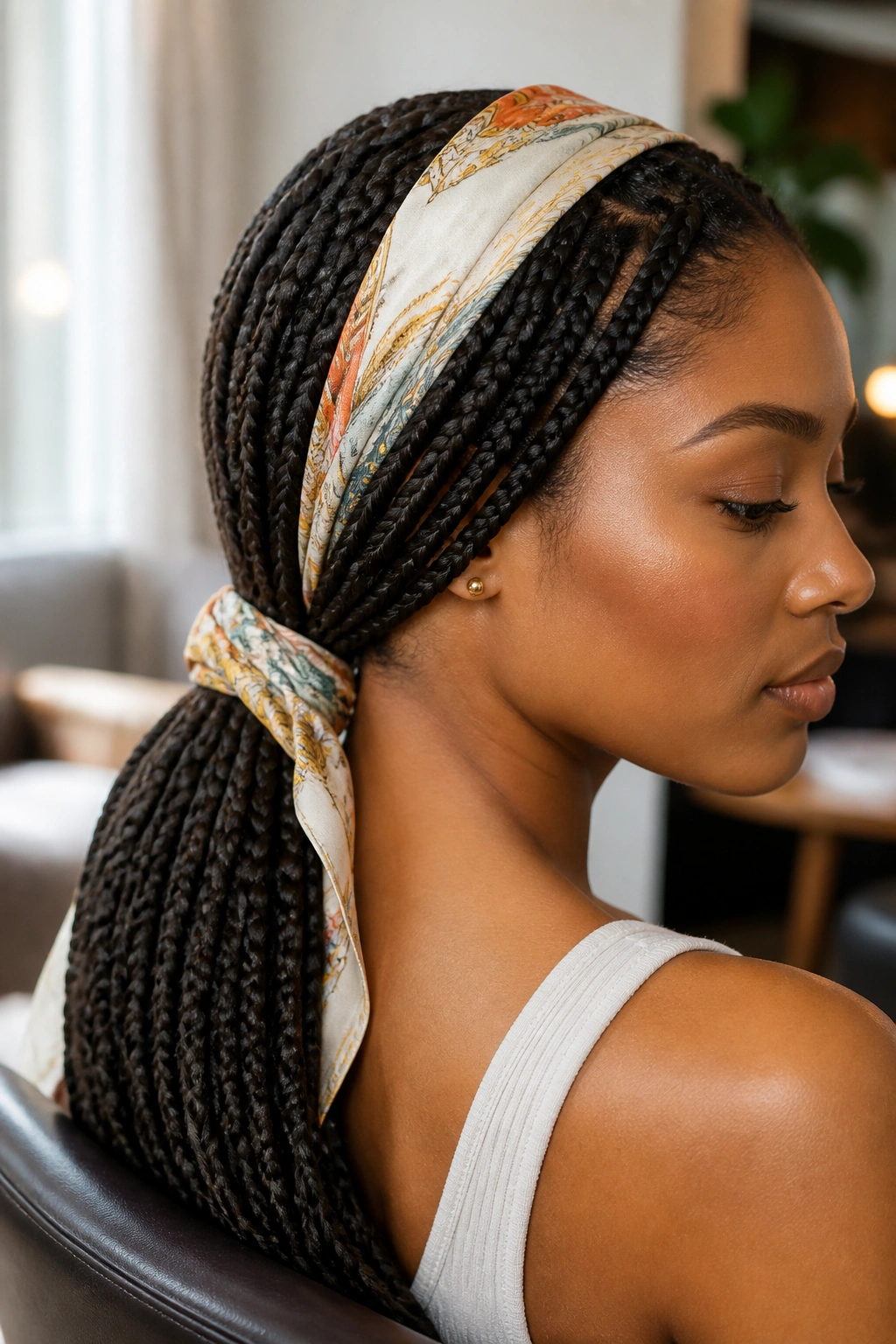 Close-up portrait of scarf-wrapped low ponytail on a real person with long box braids and scarf at the nape