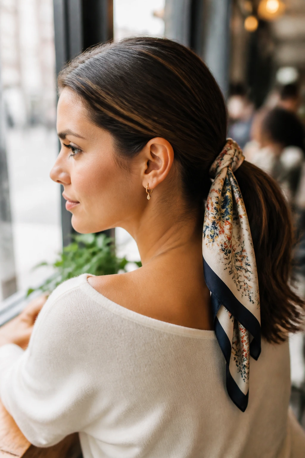 Real woman wearing a low ponytail with a silk scarf tied over the elastic.