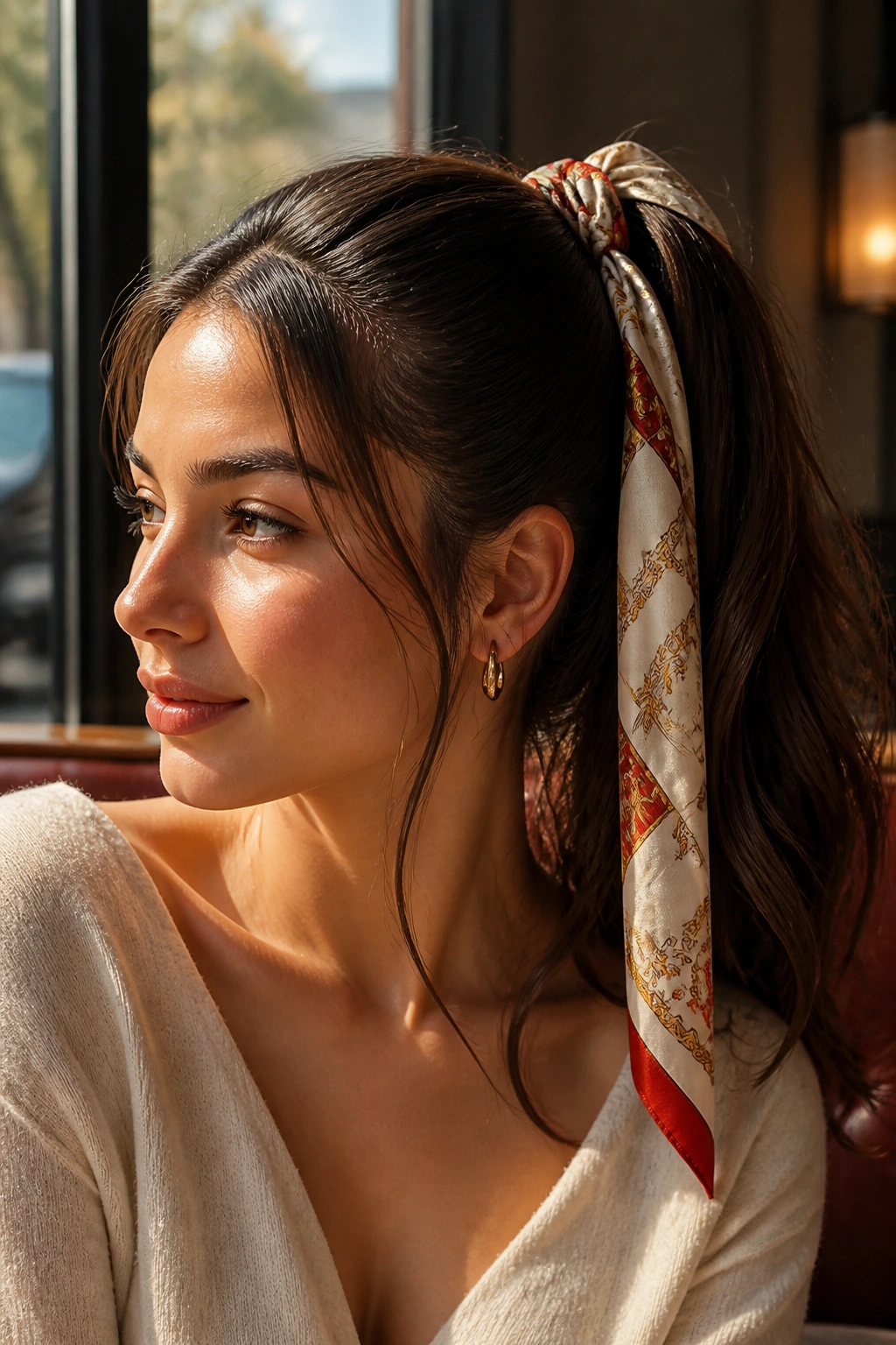 Woman with high ponytail and silk scarf wrapped around the base