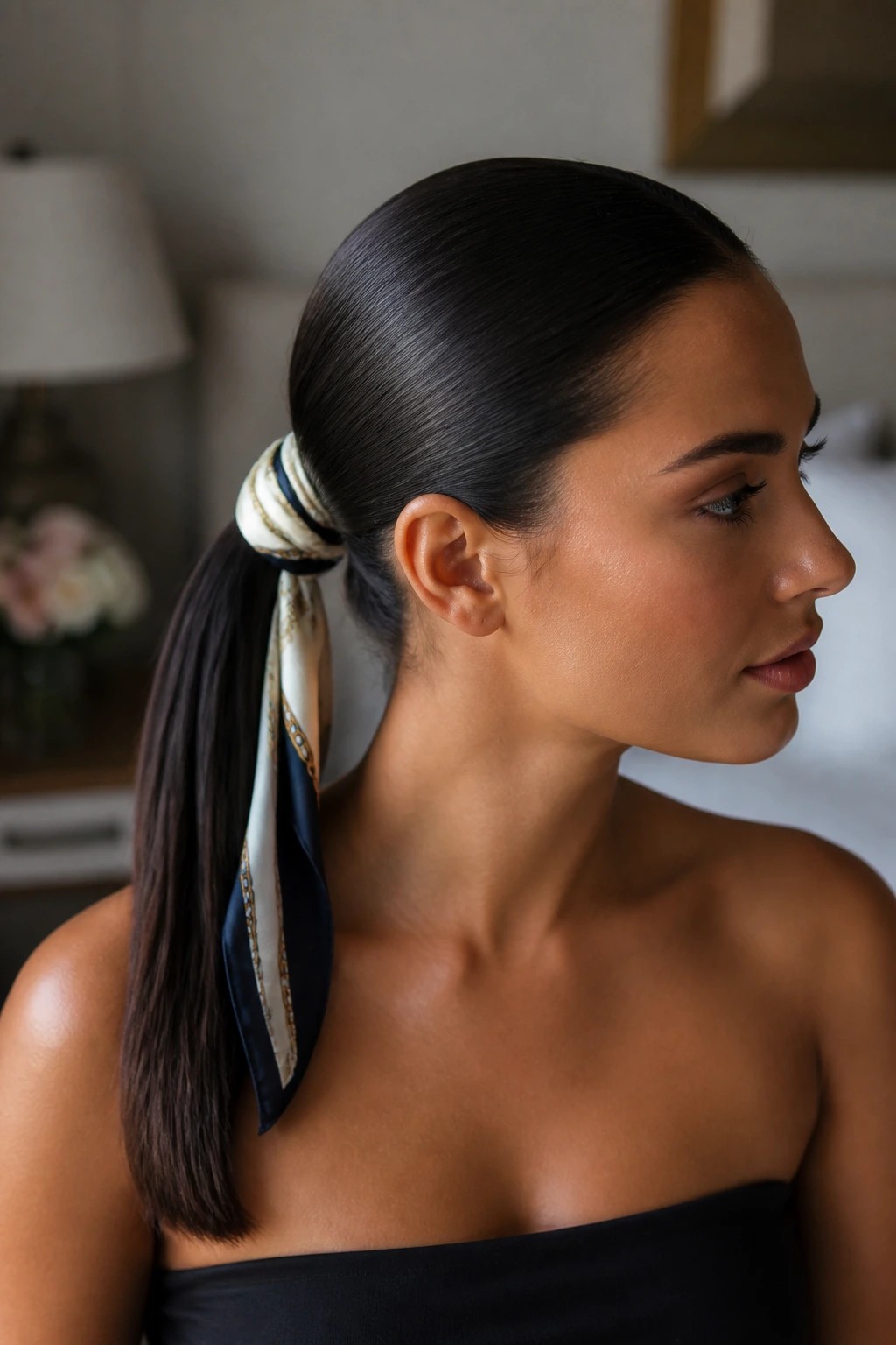 Close-up of a real woman with a scarf-wrapped ponytail in soft bedroom light.