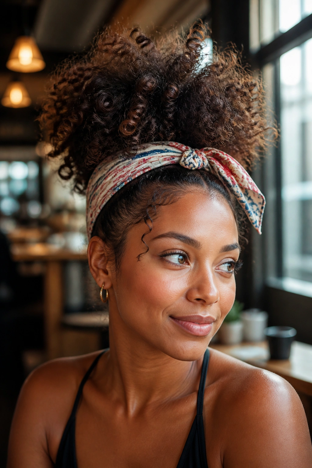 Close-up of real woman with scarf-tied puff and open textured waves