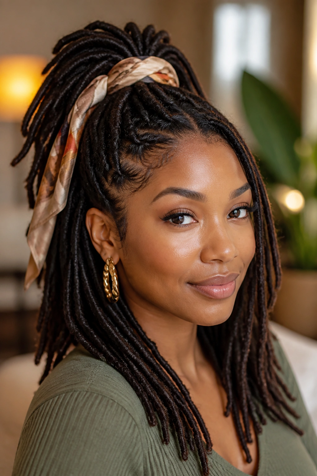 Real woman with scarf-tied half-up locs