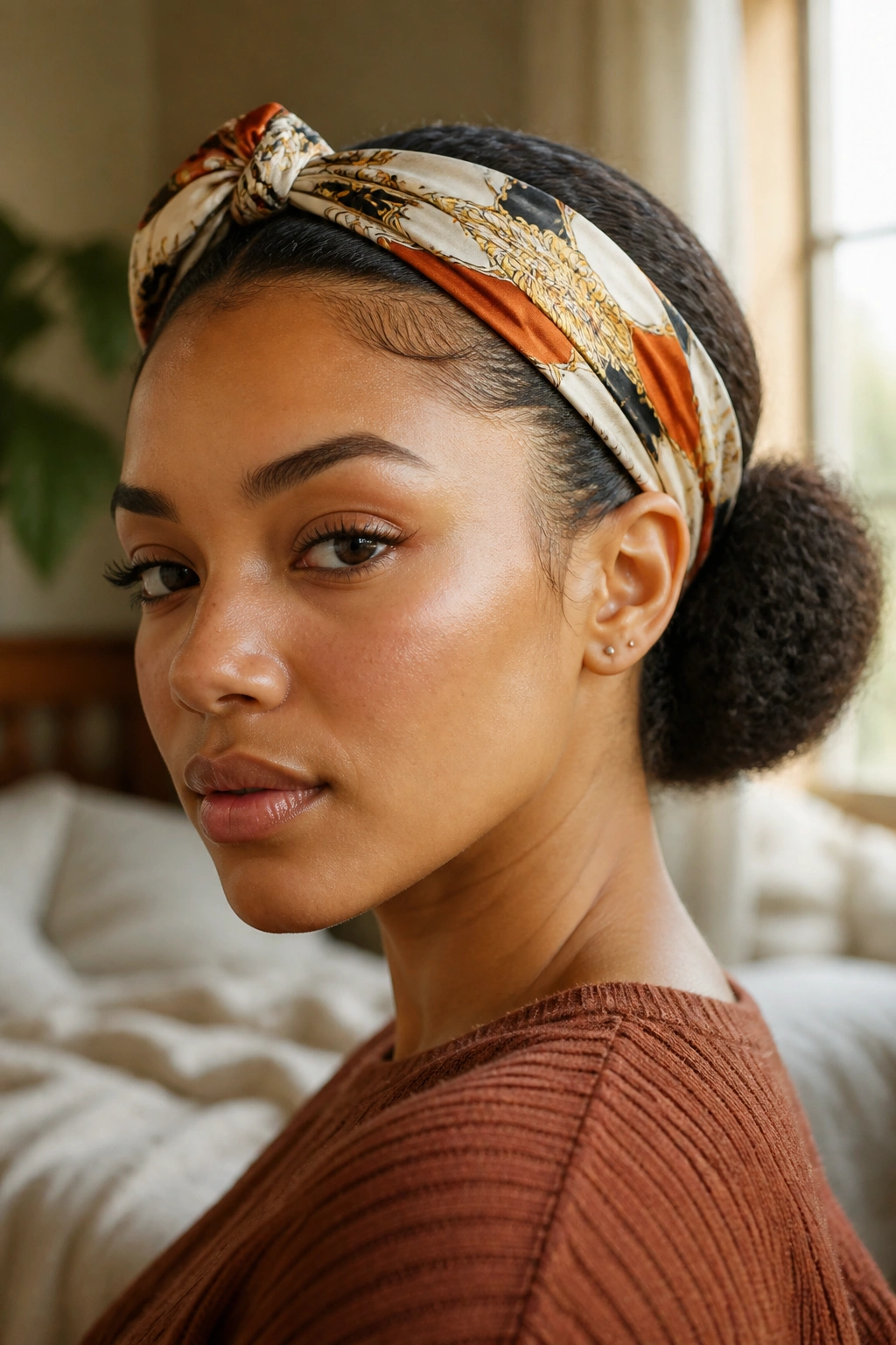 Close-up of a real person with a low puff and scarf at the hairline