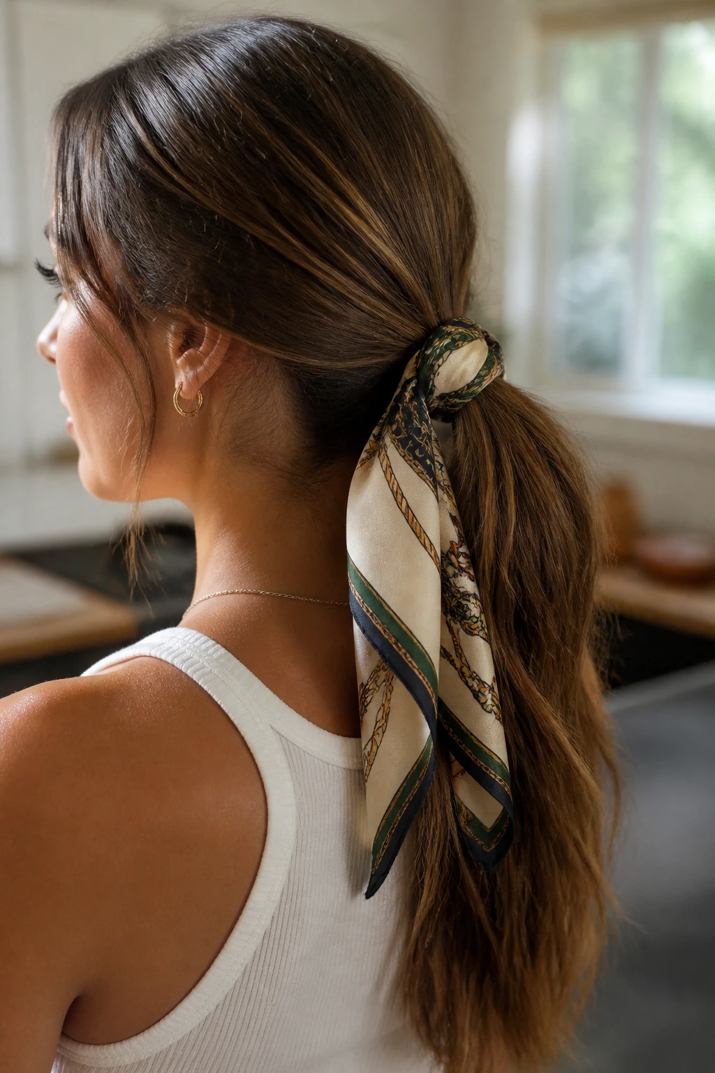 Close-up of a real woman with a scarf-tied ponytail in natural light