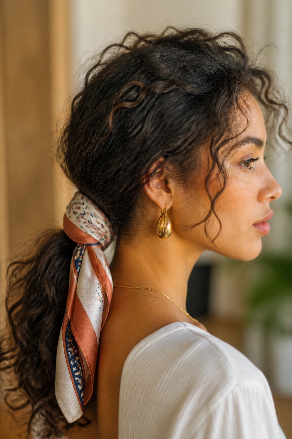 Close-up of a real woman with a low ponytail wrapped with a scarf